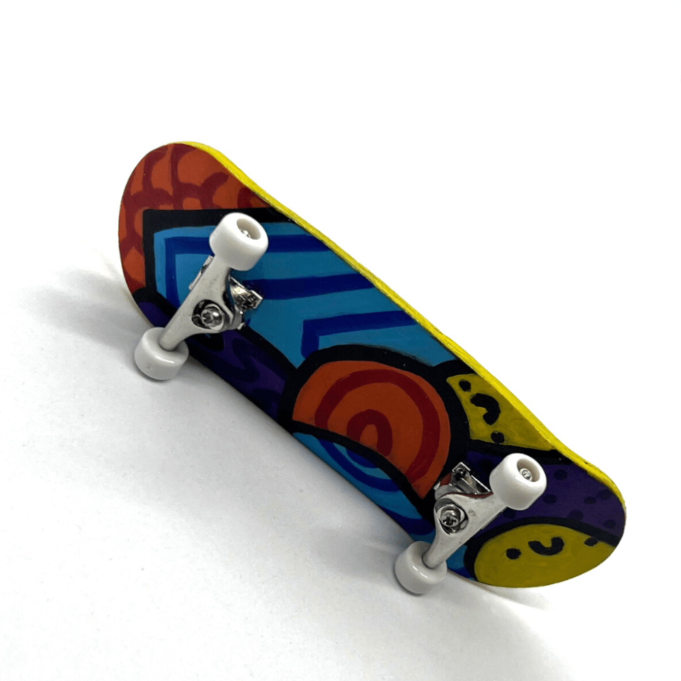 'Neurodiversity 1.2' Artist handmade professional fingerboard 34.2mm x 97.4mm complete with steel trucks and urethane bearing wheels and original hand painted art on deck.